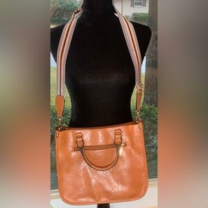 Cognac Faux Leather Crossbody Tote w/ Striped Strap